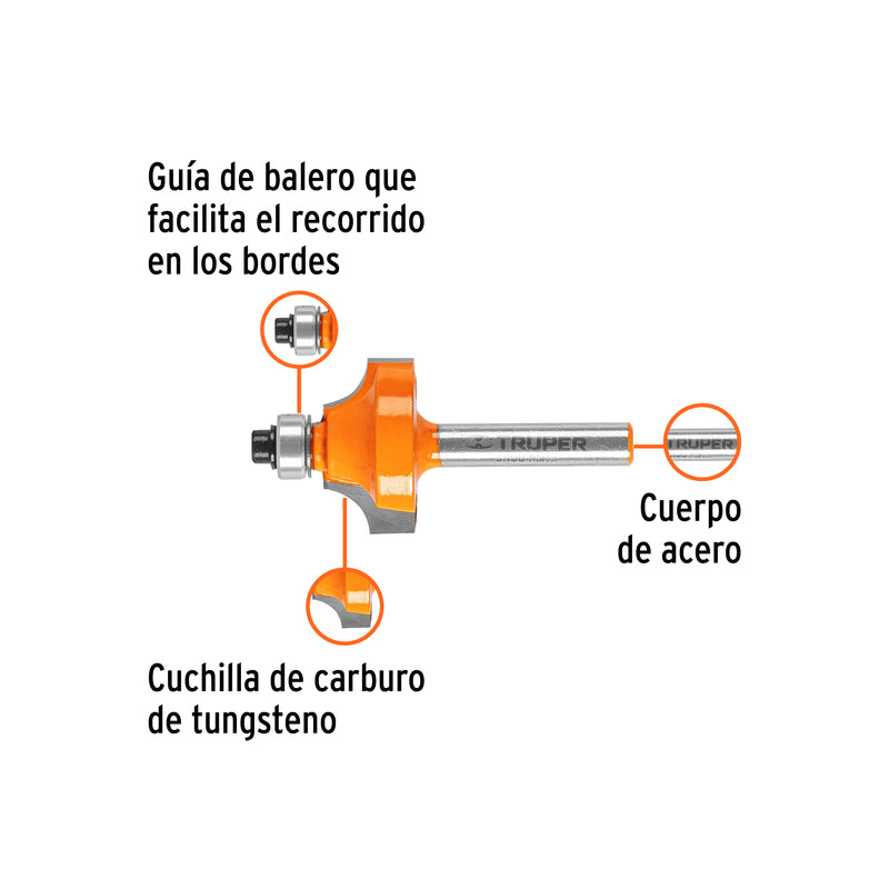 Broca para router, redondeado con moldura, 1" con balero
