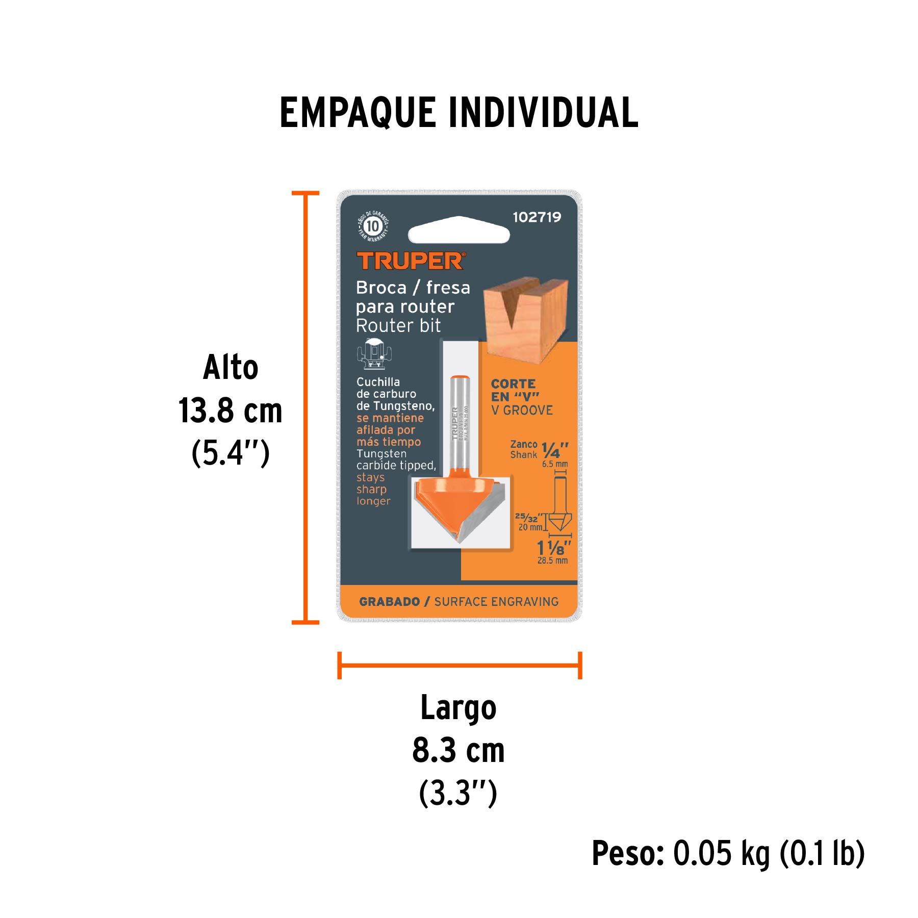 Broca para router, corte en 'V', 1-1/8'
