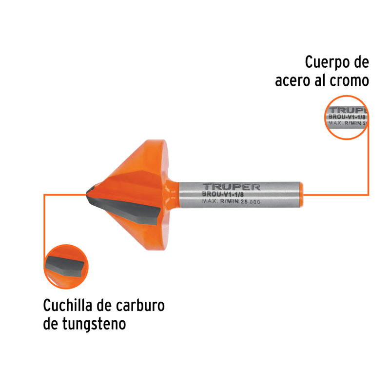 Broca para router, corte en 'V', 1-1/8'