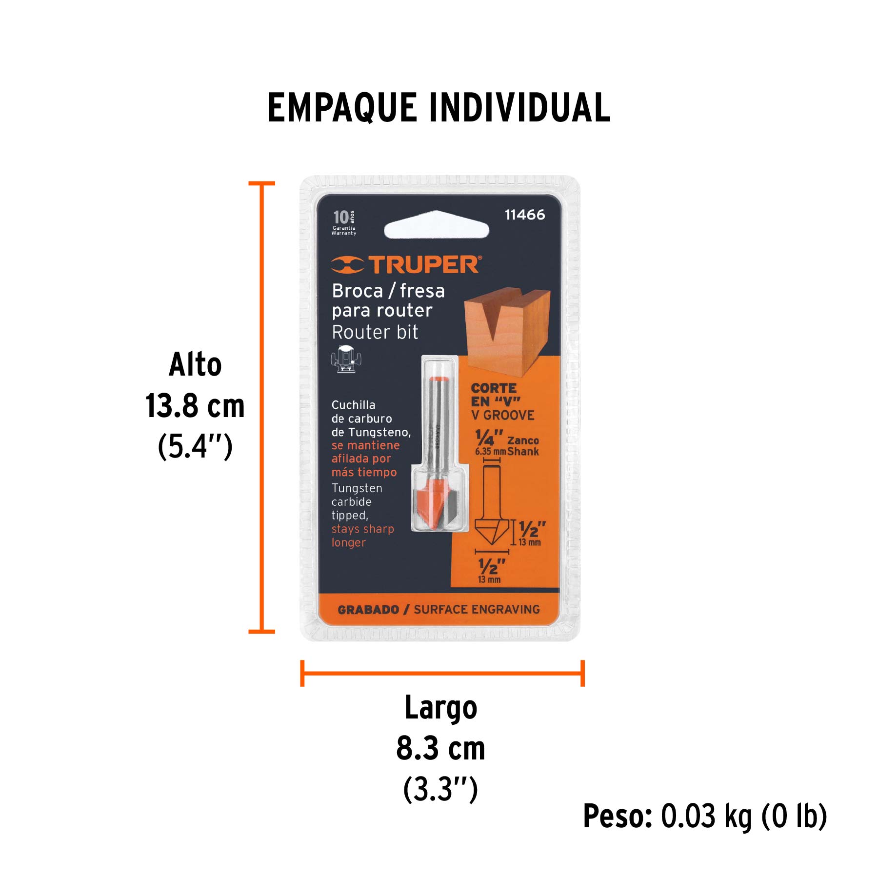 Broca para router, corte en "v", 1/2"