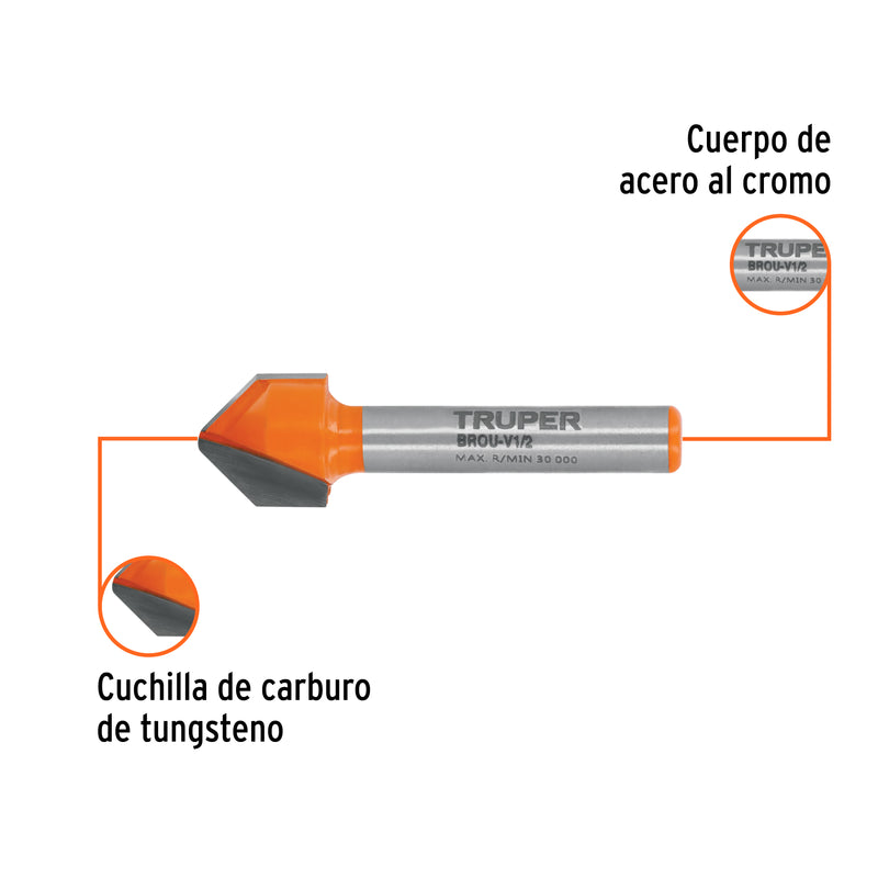 Broca para router, corte en "v", 1/2"