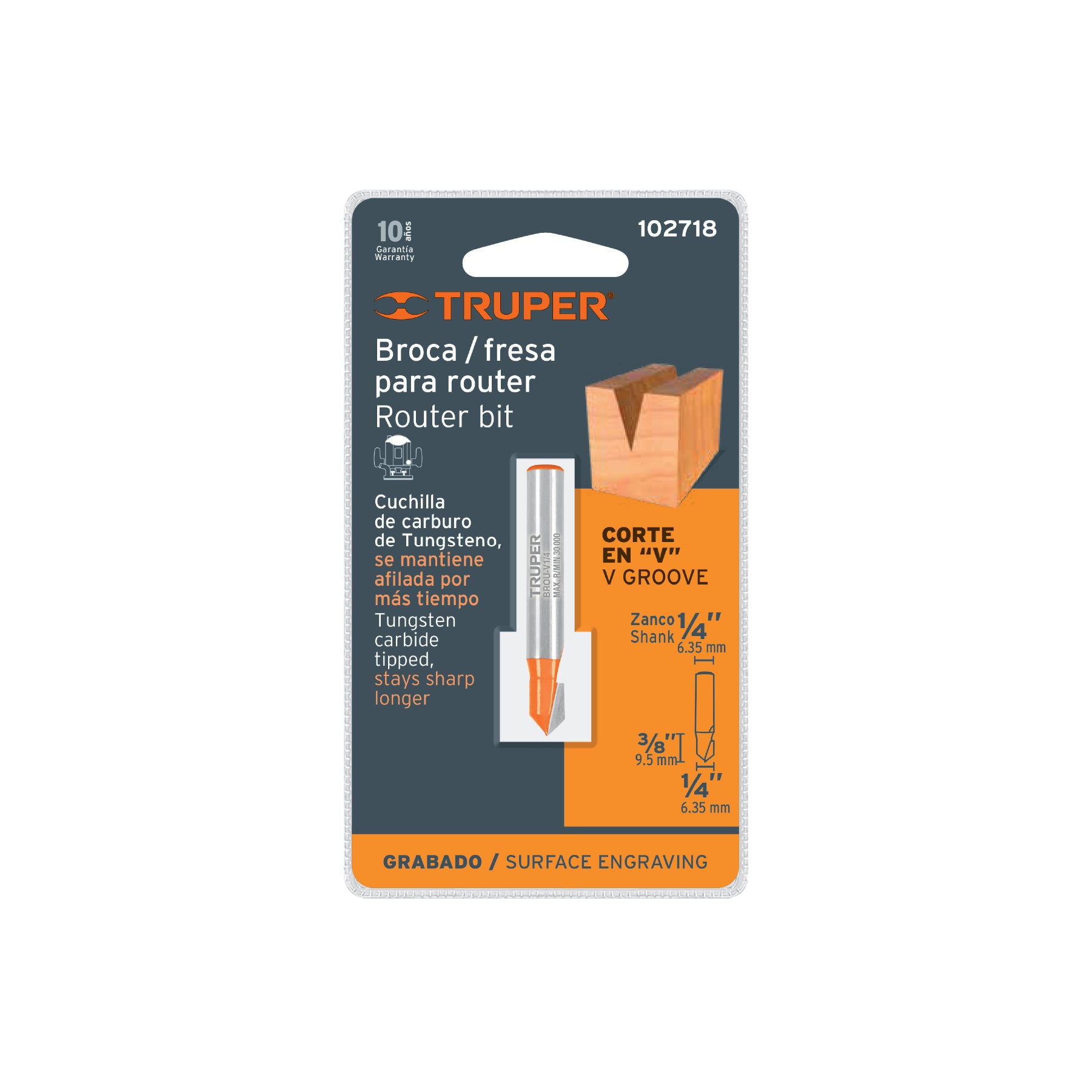 Broca para router, corte en 'V', 1/4'