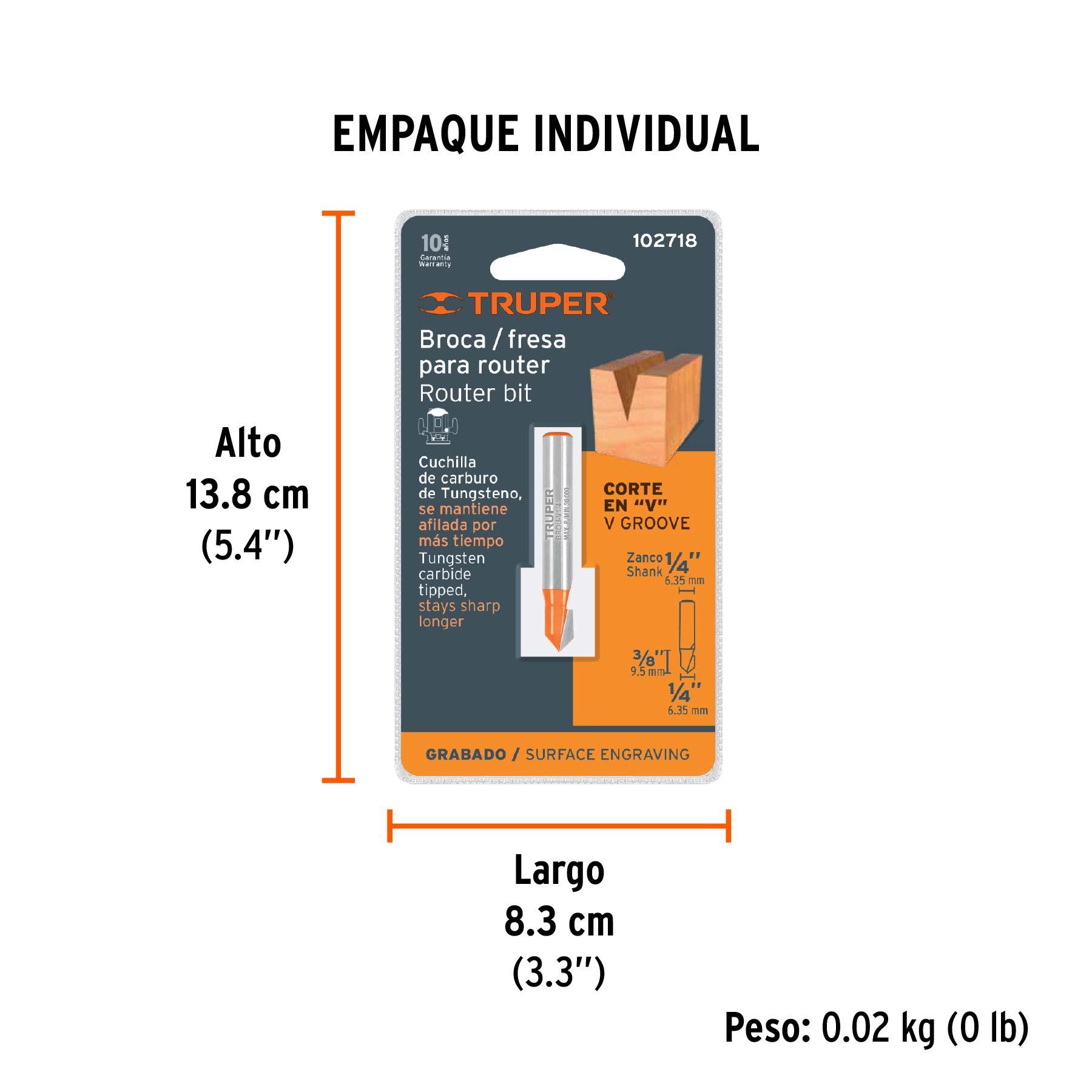Broca para router, corte en 'V', 1/4'