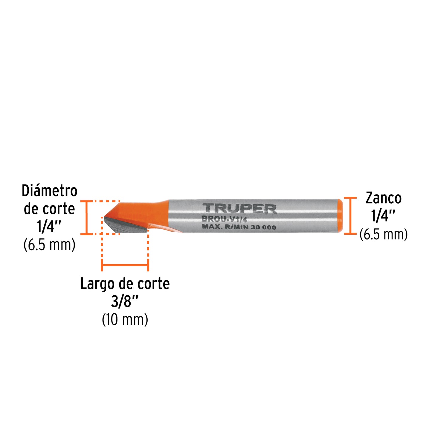 Broca para router, corte en 'V', 1/4'