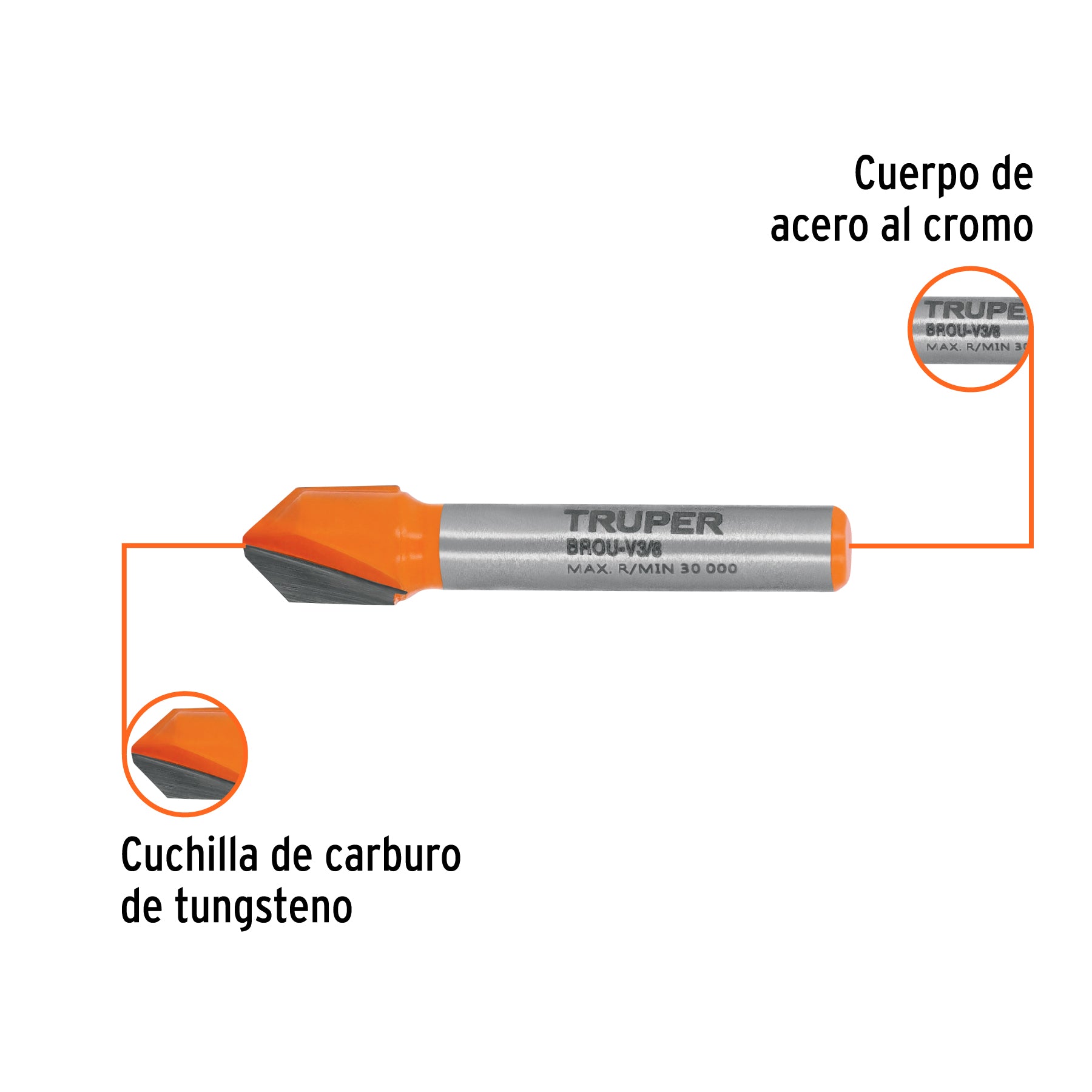 Broca para router, corte en "v", 3/8"