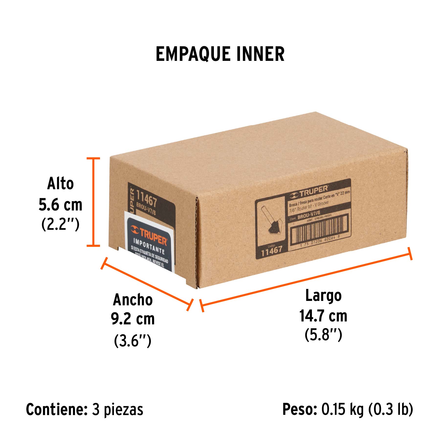 Broca para router, corte en "V", 7/8"