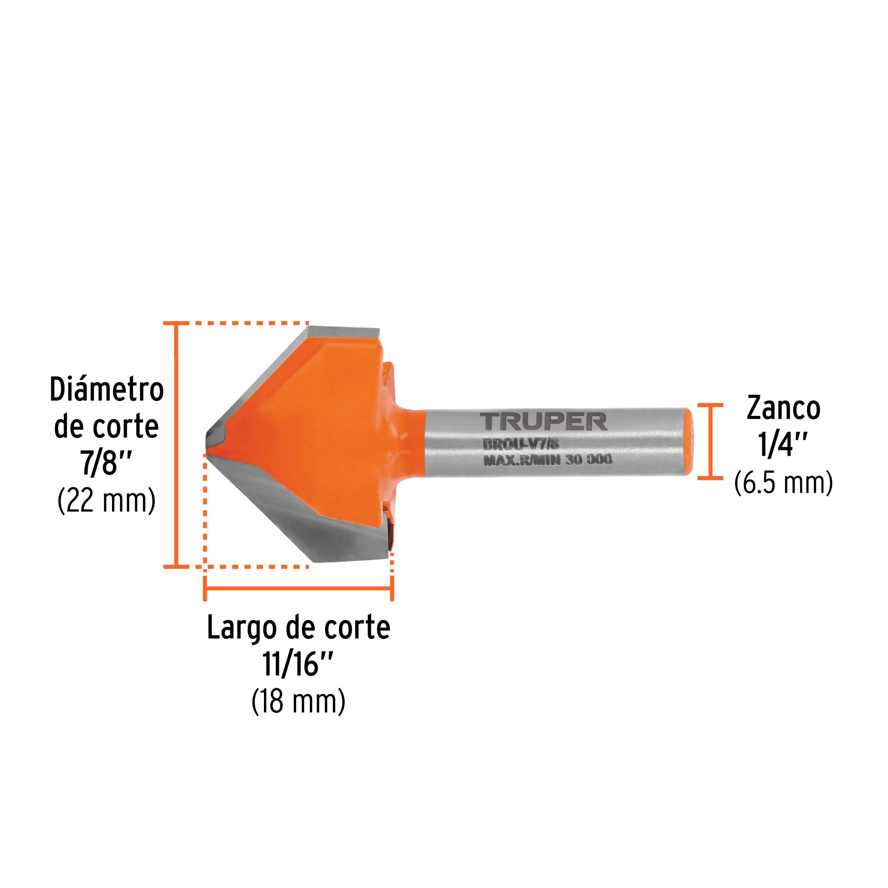 Broca para router, corte en "V", 7/8"