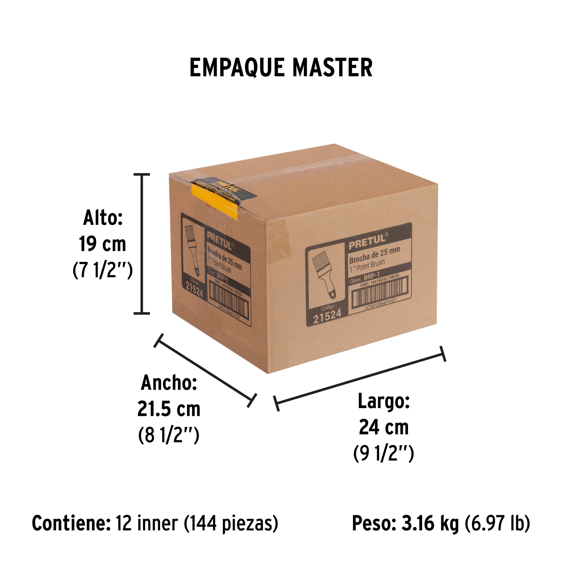 Brocha, mango de plástico, 1", Pretul