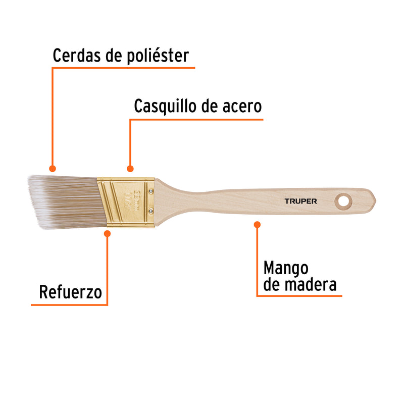 Brocha cerdas sintéticas, mango madera,corte angular, 1-1/2"