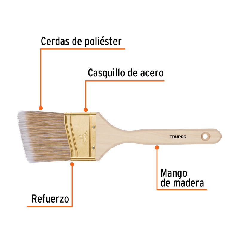 Brocha cerdas sintéticas, mango madera,corte angular, 3"