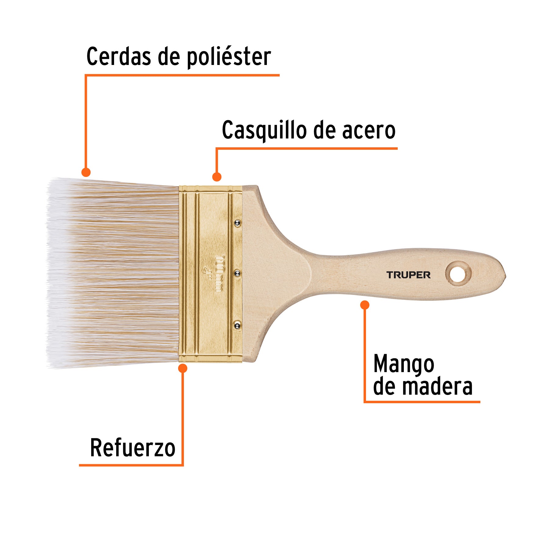 Brocha cerdas sintéticas,mango de madera, corte recto, 4"