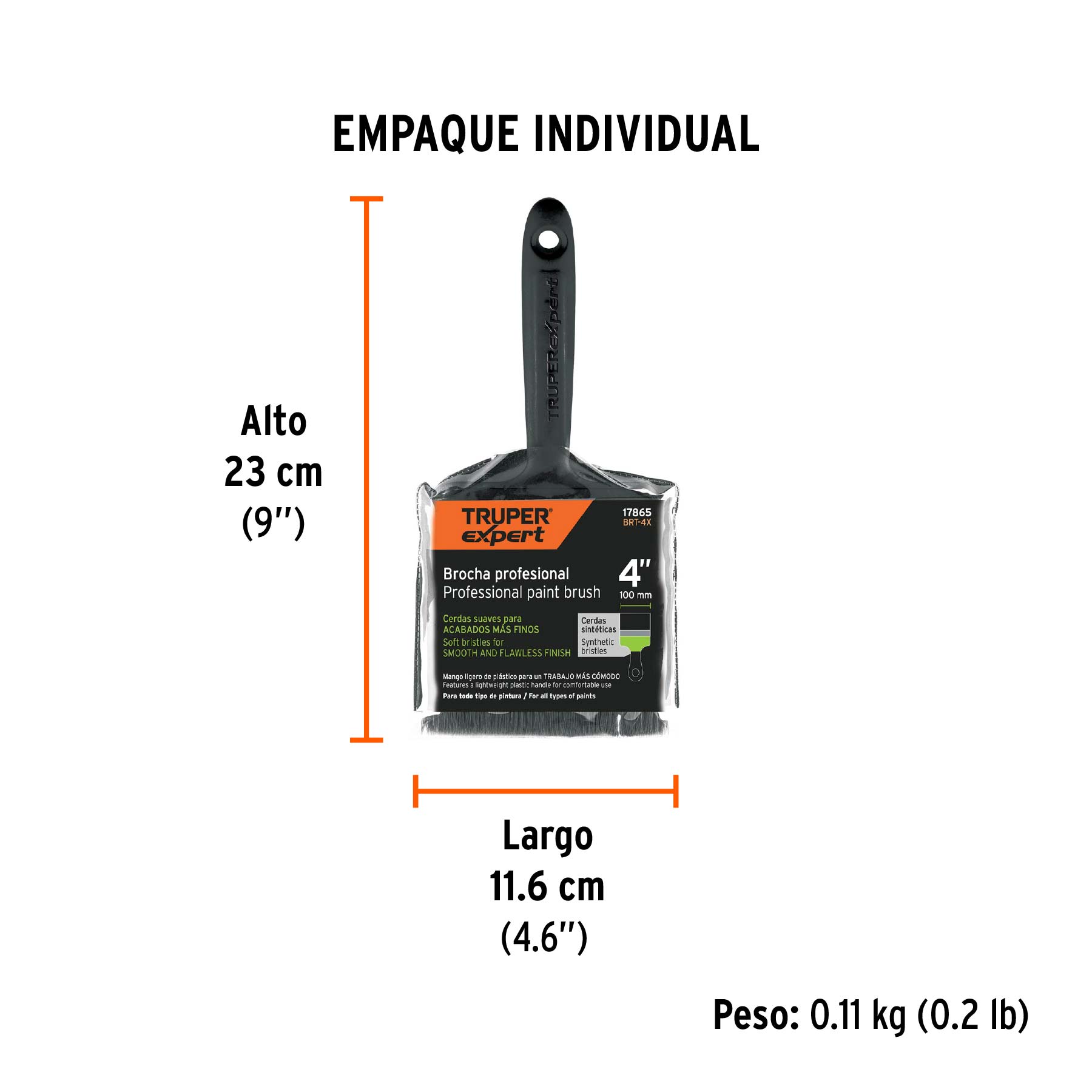 Brocha, mango de plástico, 4", Truper Expert