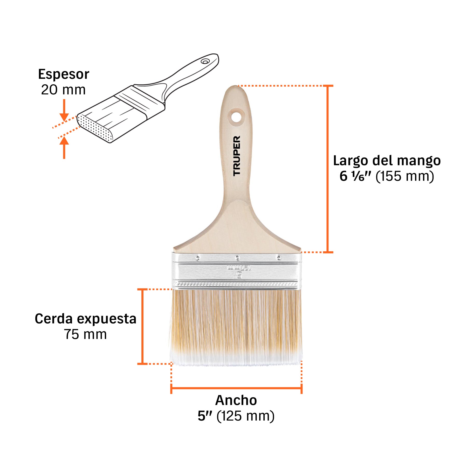 Brocha cerdas sintéticas 5' corte recto, mango de madera