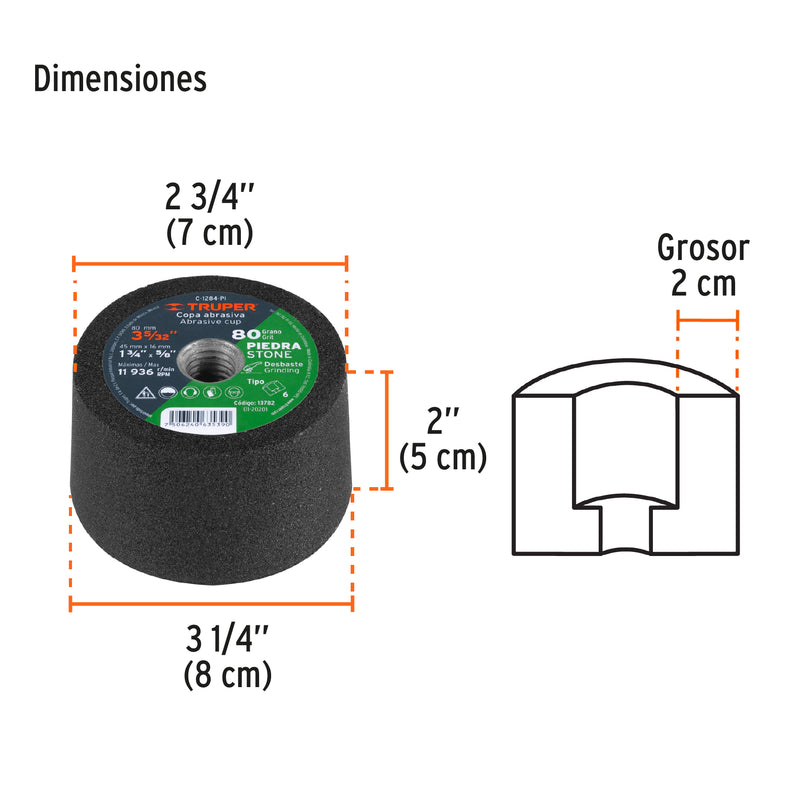 Copa desbaste, 3-5/32", grano 80 para piedra