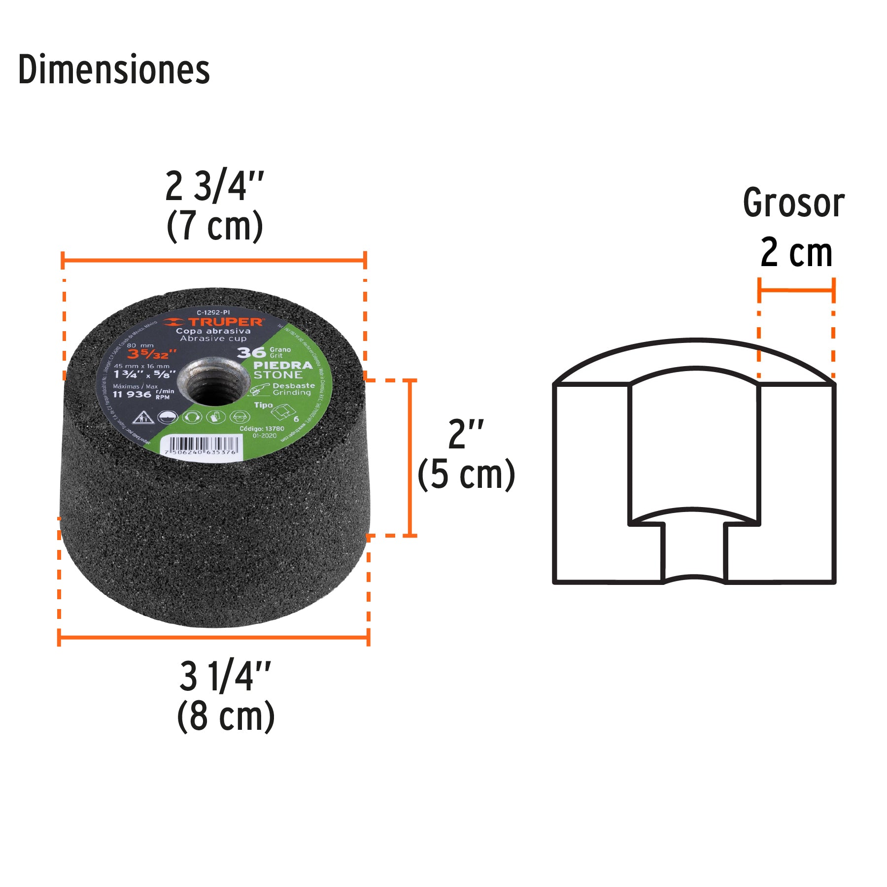 Copa desbaste, 3-5/32", grano 36 para piedra