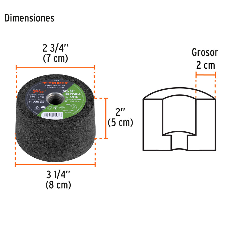 Copa desbaste, 3-5/32", grano 36 para piedra