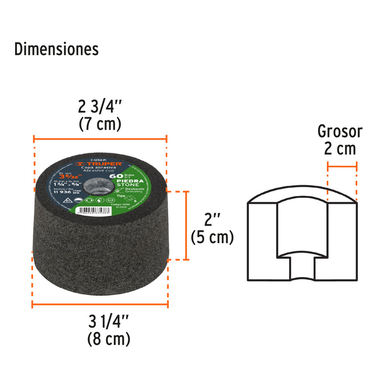 Copa desbaste, 3-5/32", grano 60 para piedra