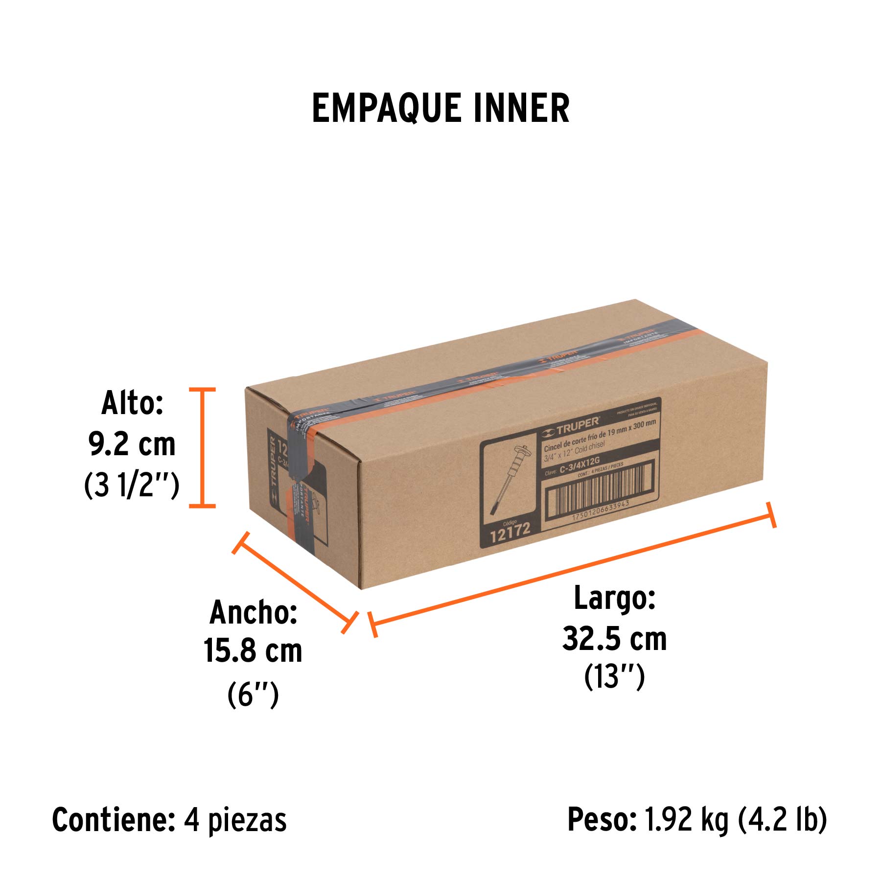 Cincel de corte frío, 3/4 x 12", con grip