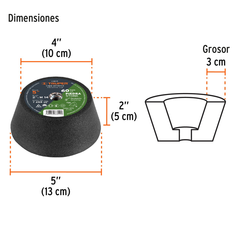 Copa desbaste de piedra 5" grano 60, eje M14, TRUPER