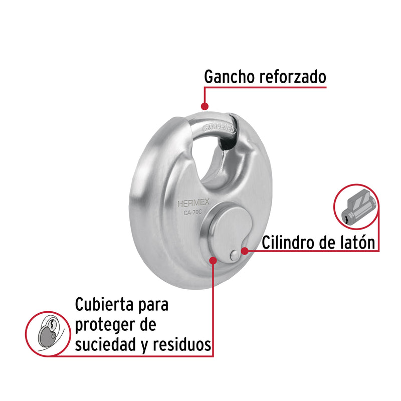 Candado circular acero inox, cilindro latón, 70 mm