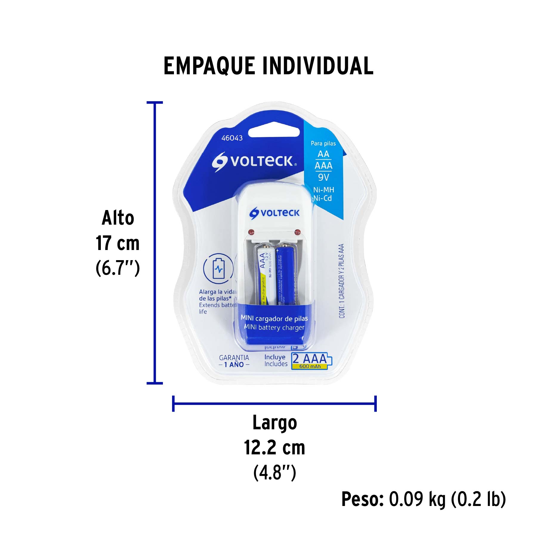 Cargador de pilas, AA, AAA y 9V, incluye 2 pilas AAA