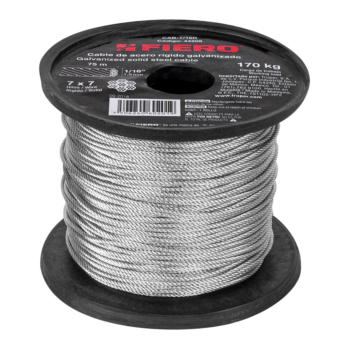 Cable rígido de acero 1/16", 7X7, 75 m