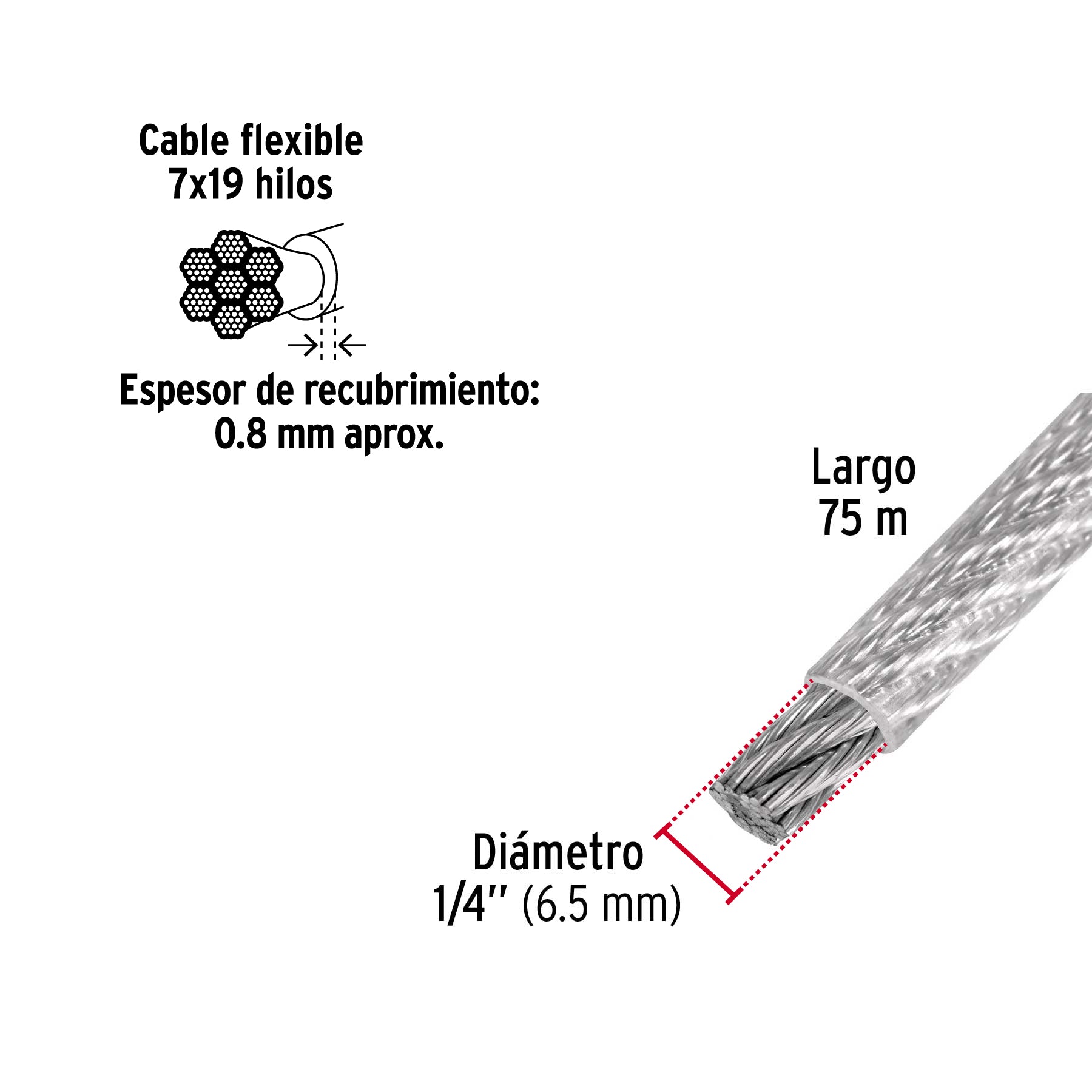 Cable flexible de acero 1/4", recubierto PVC, 7X19, 75 m
