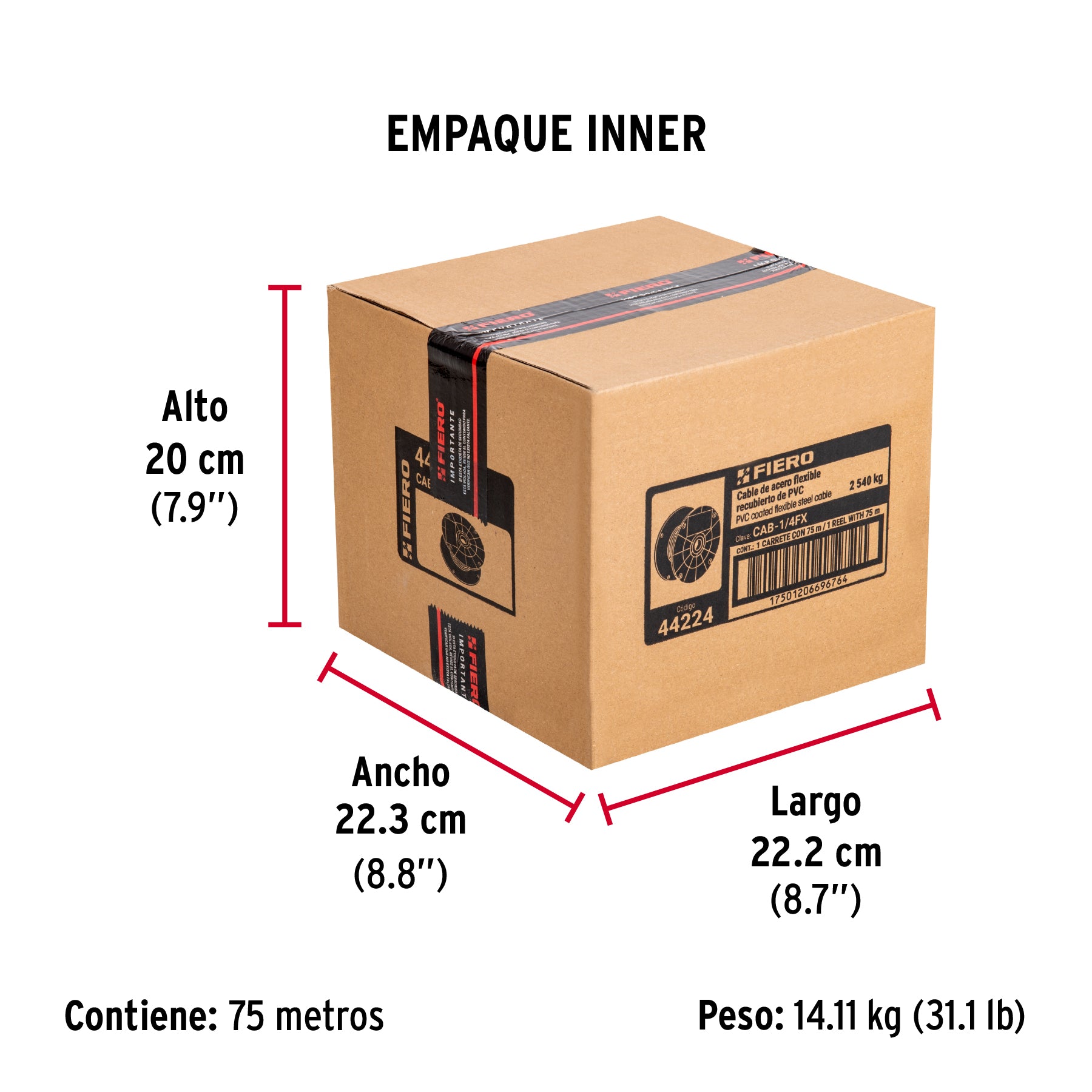 Cable flexible de acero 1/4", recubierto PVC, 7X19, 75 m