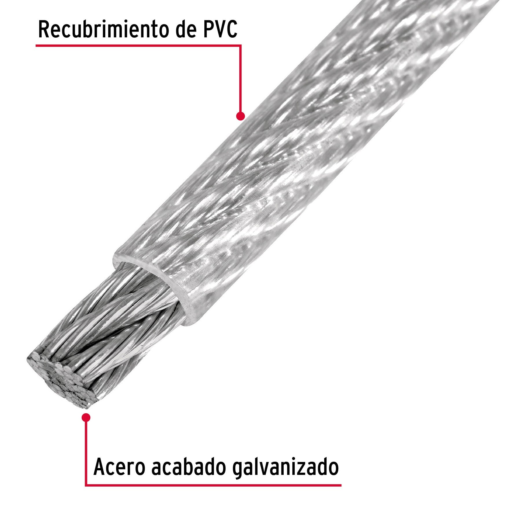 Cable rígido de acero 1/4", recubierto PVC, 7X7, 75 m
