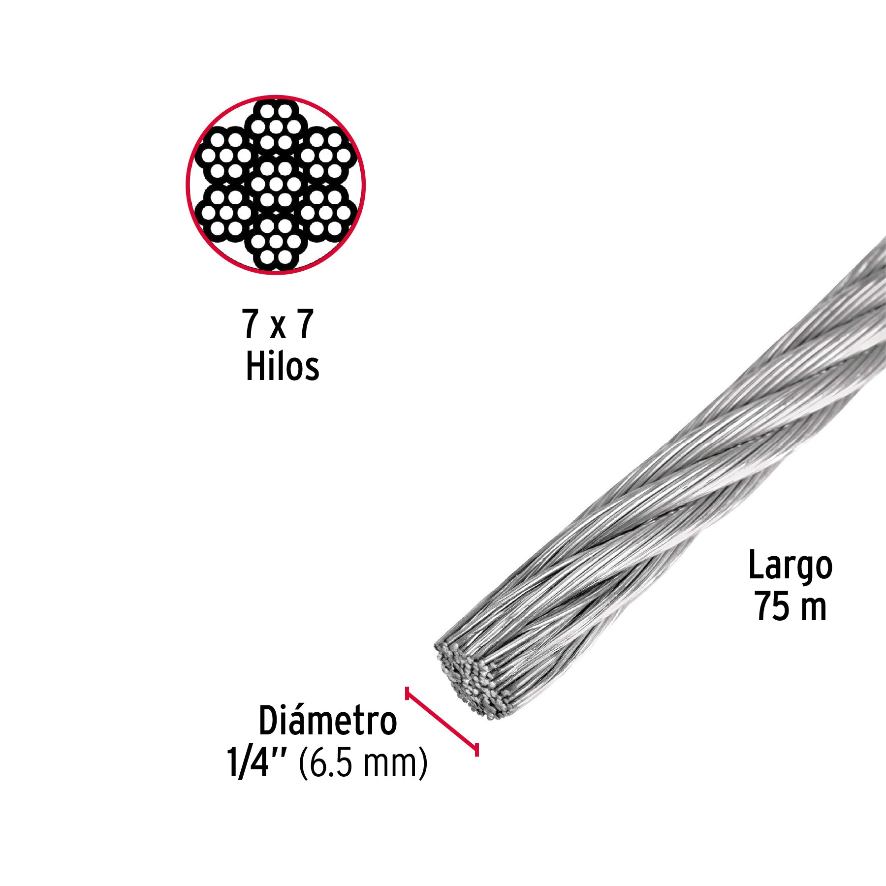 Cable rígido de acero 1/4", 7X7, 75 m