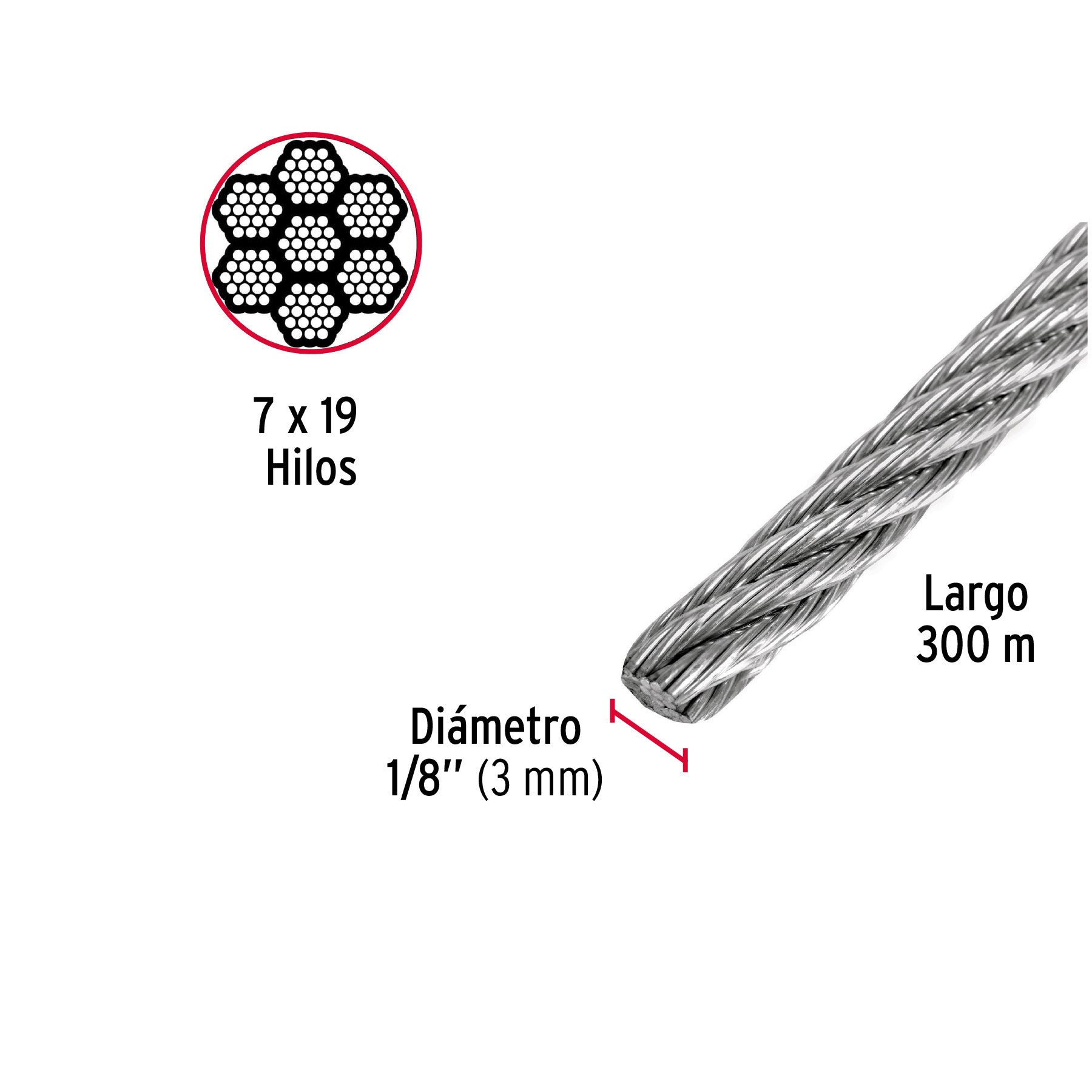 Cable flexible de acero 1/8", 7X19, 300m