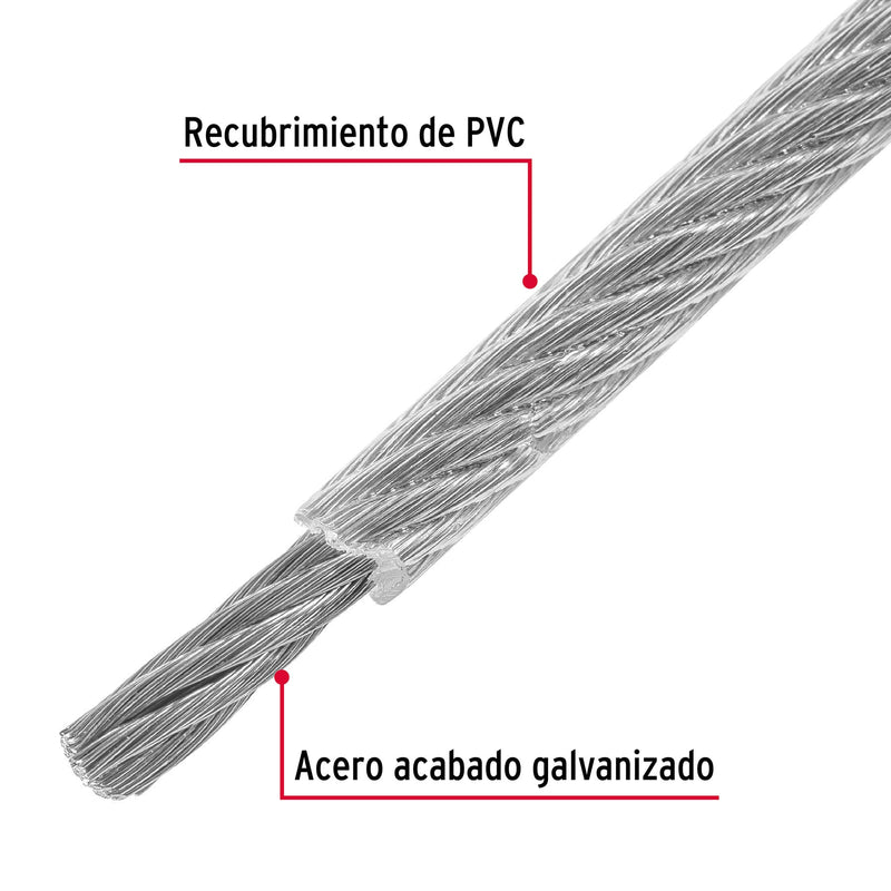 Cable flexible de acero 1/8", recubierto PVC, 7X19, 75 m