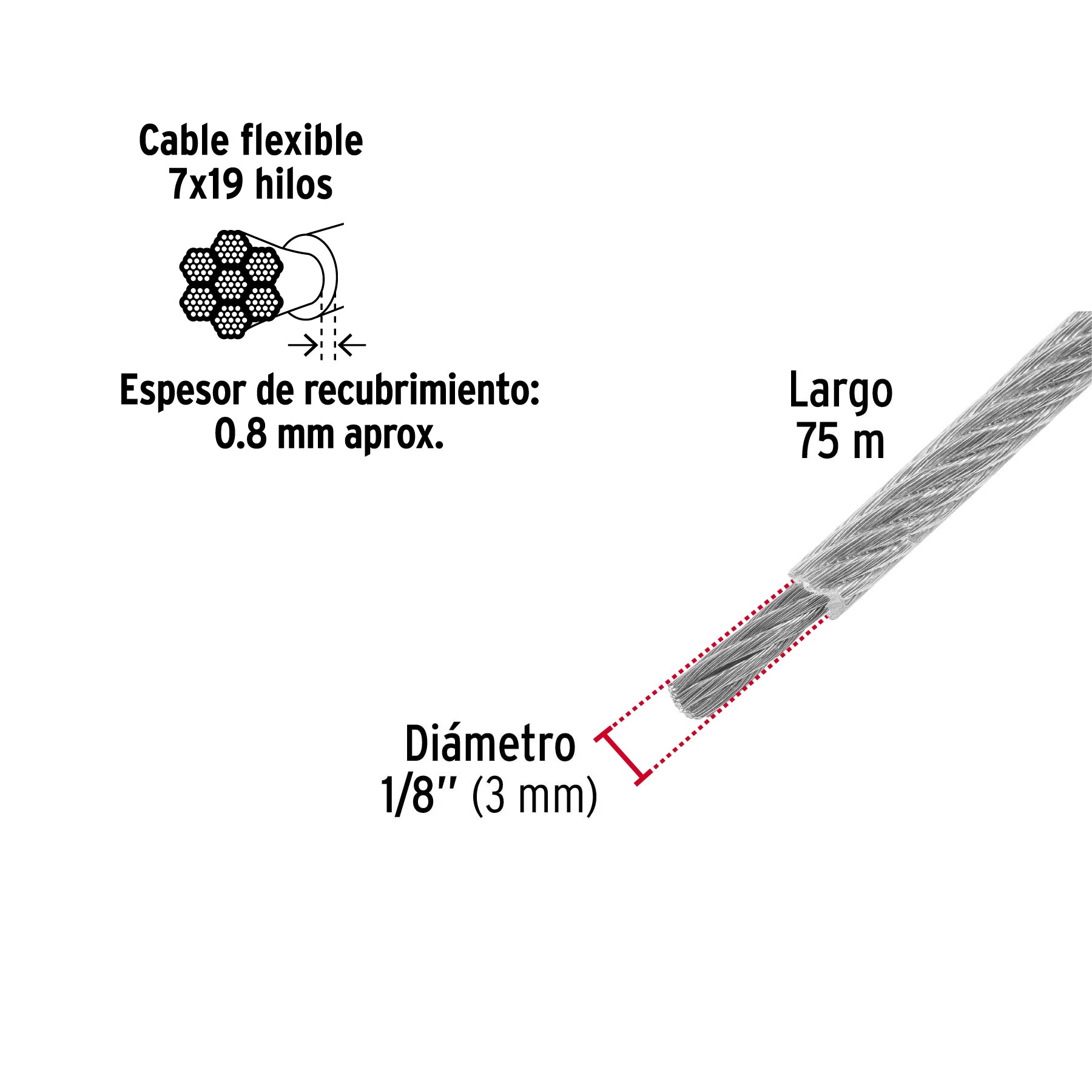 Cable flexible de acero 1/8", recubierto PVC, 7X19, 75 m