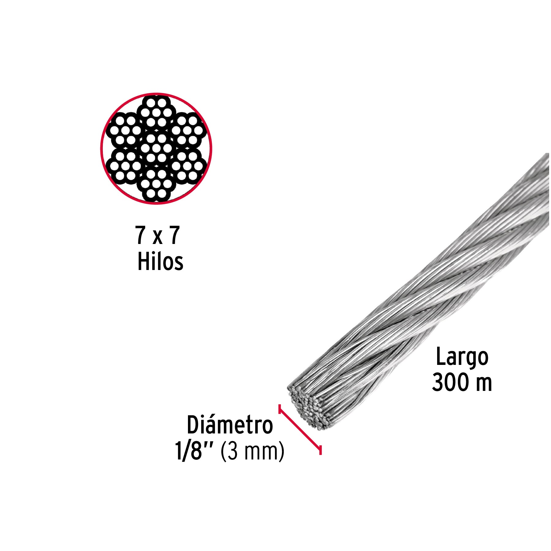 Cable rígido de acero 1/8", 7X7, 300 m