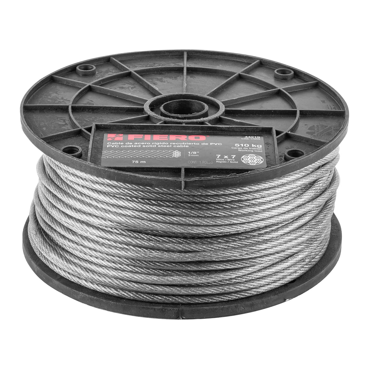 Cable rígido de acero 1/8", recubierto PVC, 7X7, 75 m