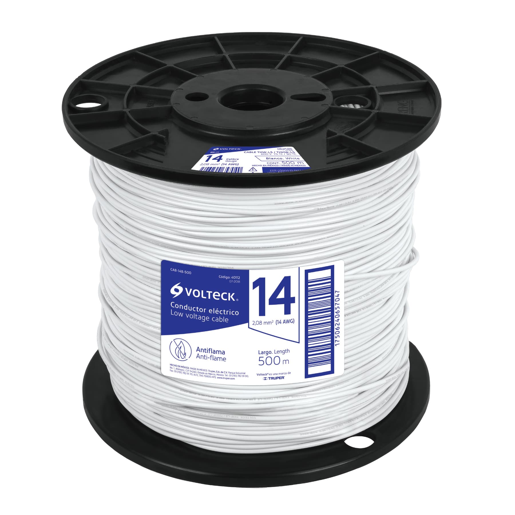 Cable THHW-LS, 14 AWG, blanco, bobina 500 m
