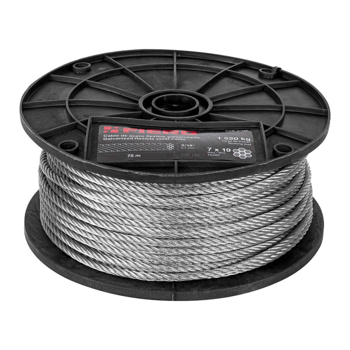 Cable flexible de acero 3/16", 7X19, 75 m