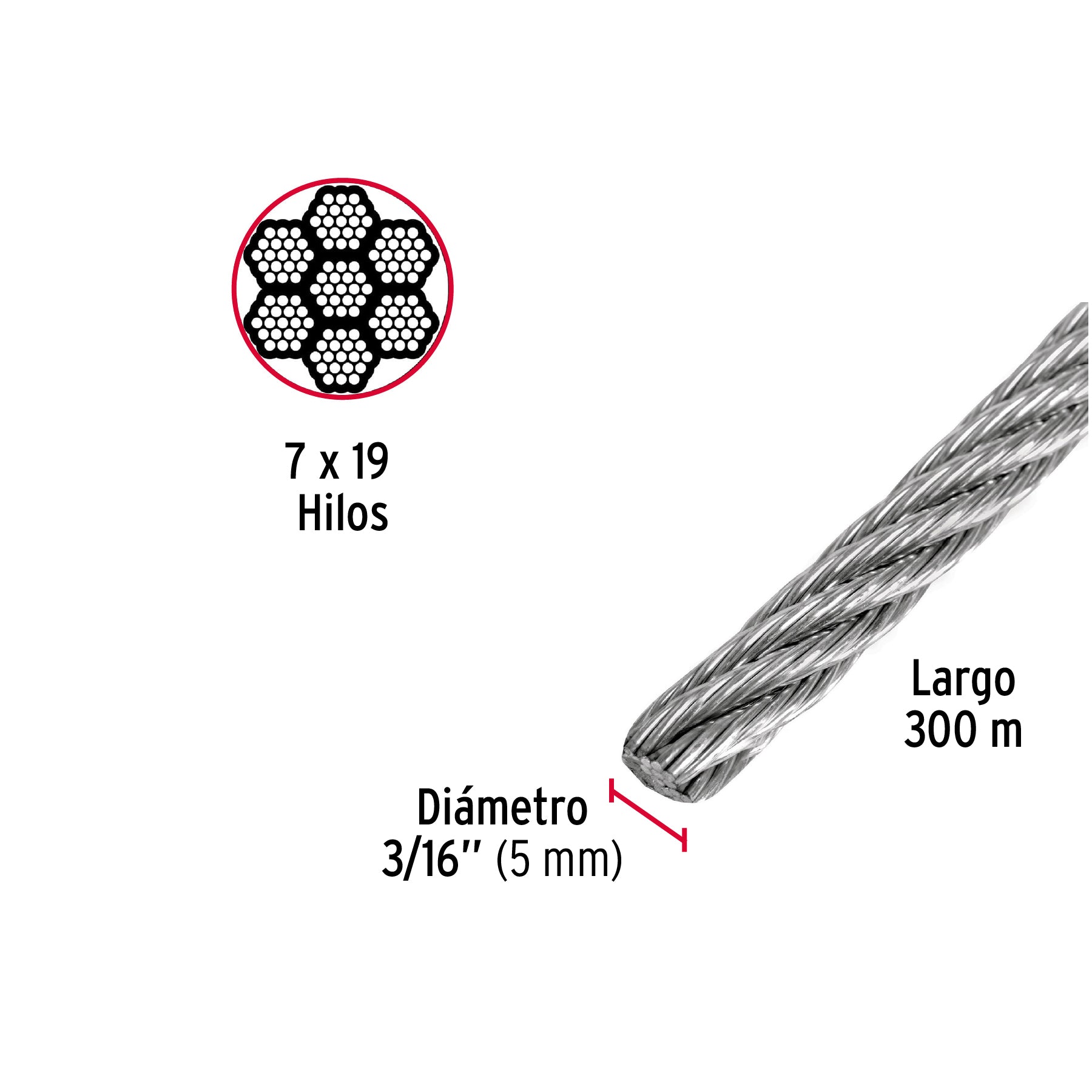 Cable flexible de acero 3/16", 7X19, 300 m