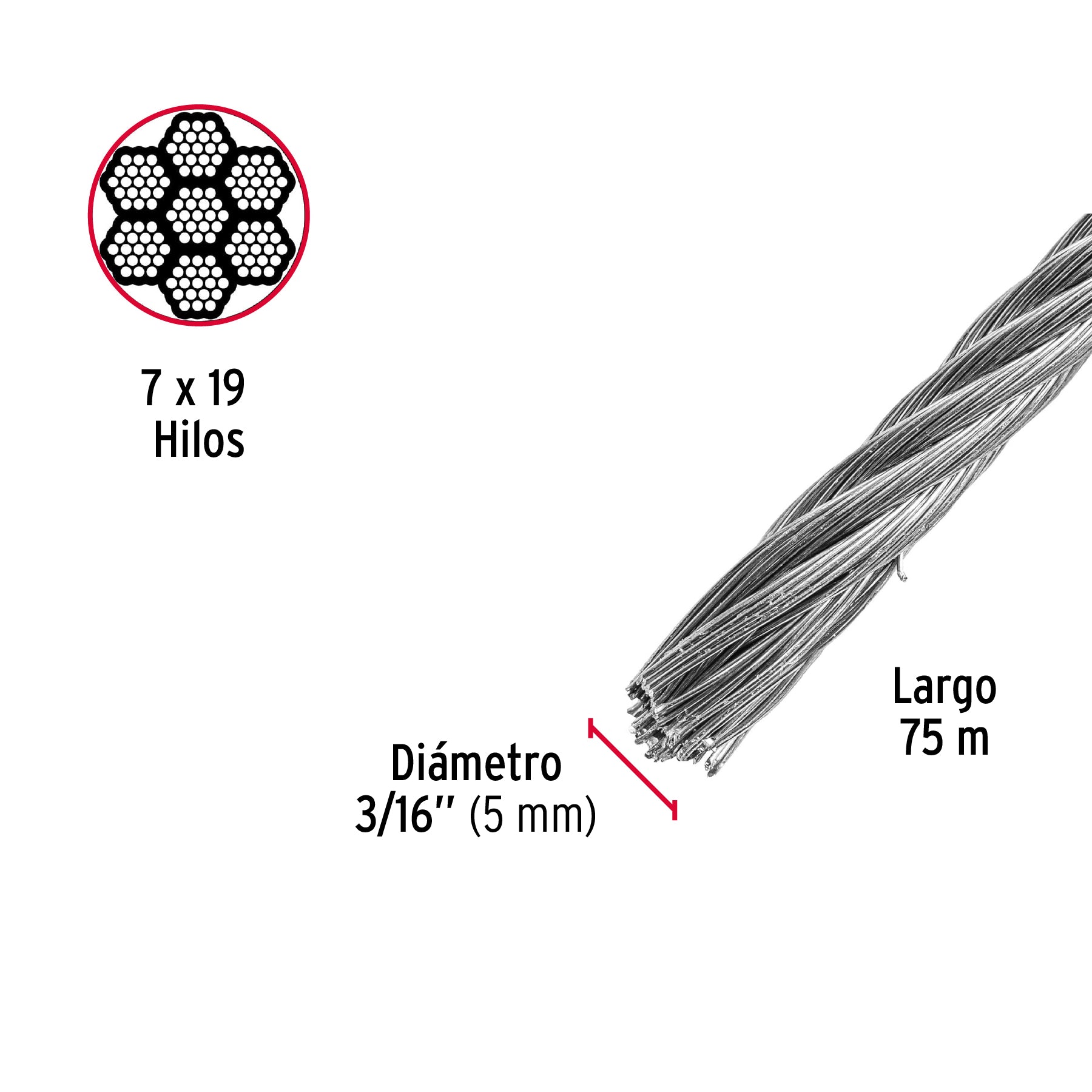 Cable flexible de acero 3/16", 7X19, 75 m