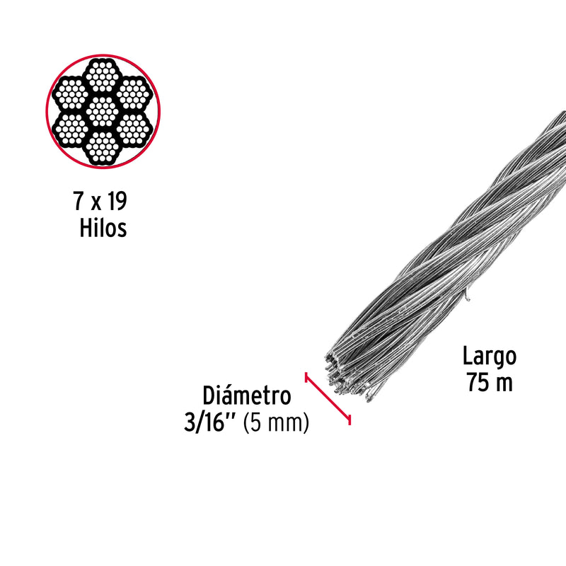 Cable flexible de acero 3/16", 7X19, 75 m