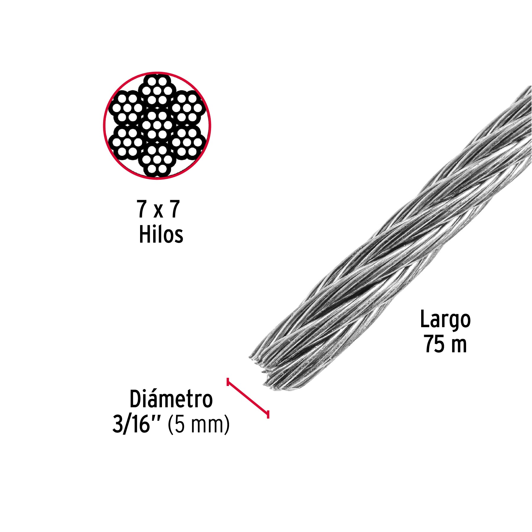Cable rígido de acero 3/16", 7X7, 75 m