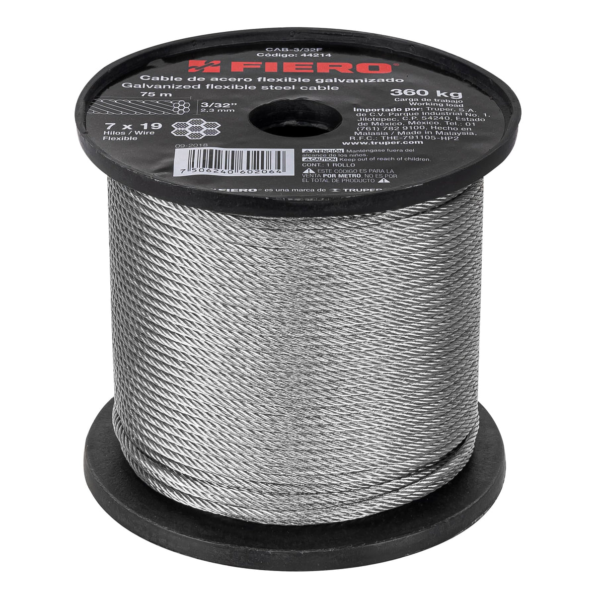 Cable flexible de acero 3/32", 7X19, 75 m