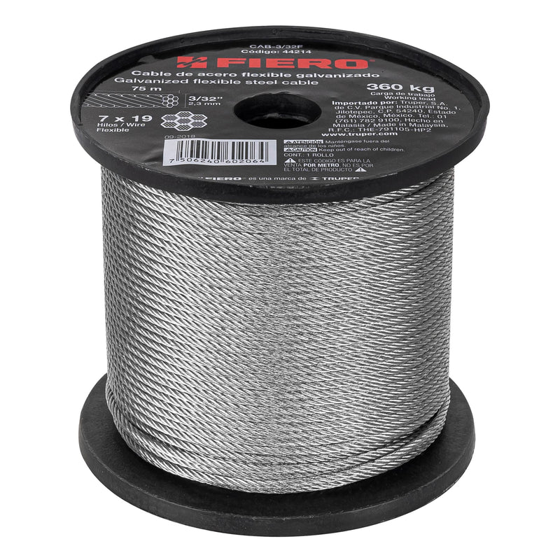 Cable flexible de acero 3/32", 7X19, 75 m