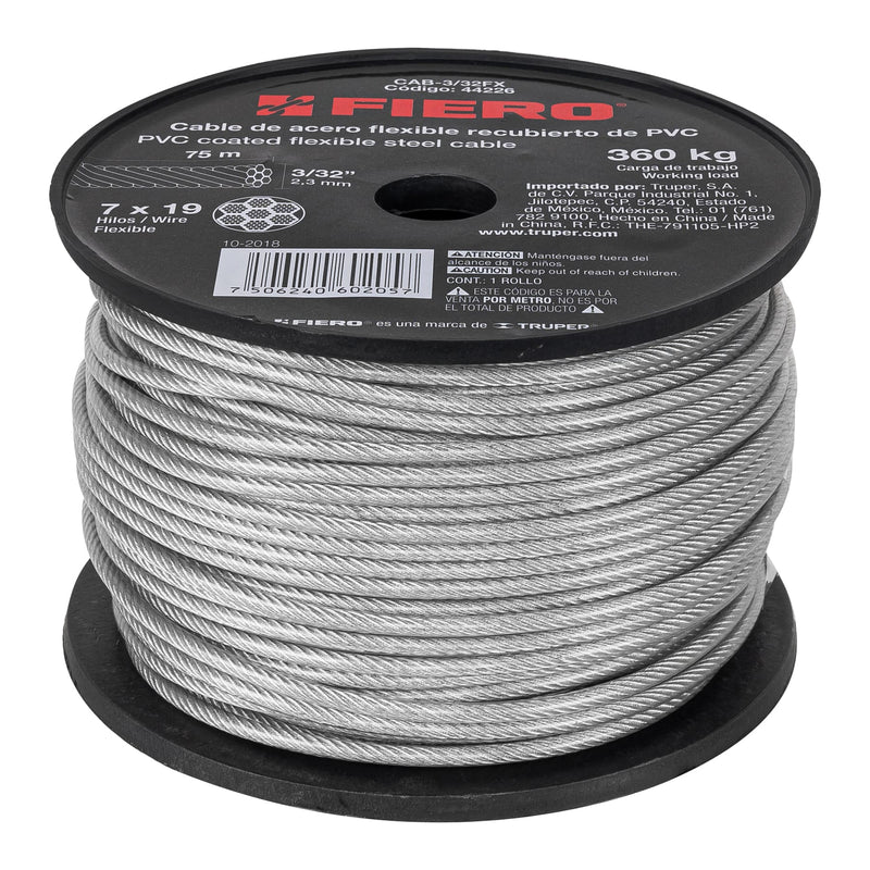 Cable flexible de acero 3/32", recubierto PVC, 7X19, 75 m