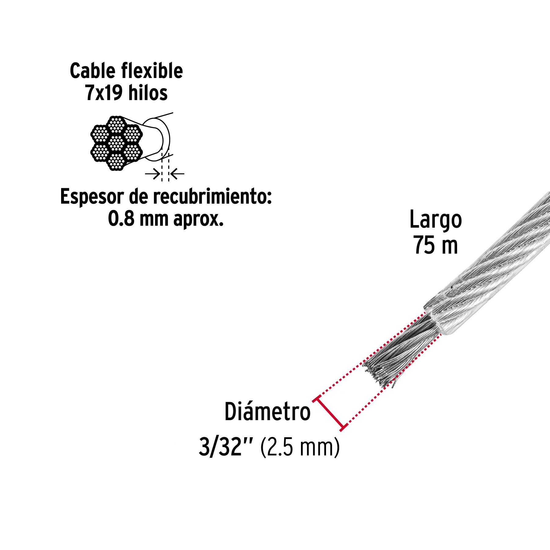 Cable flexible de acero 3/32", recubierto PVC, 7X19, 75 m