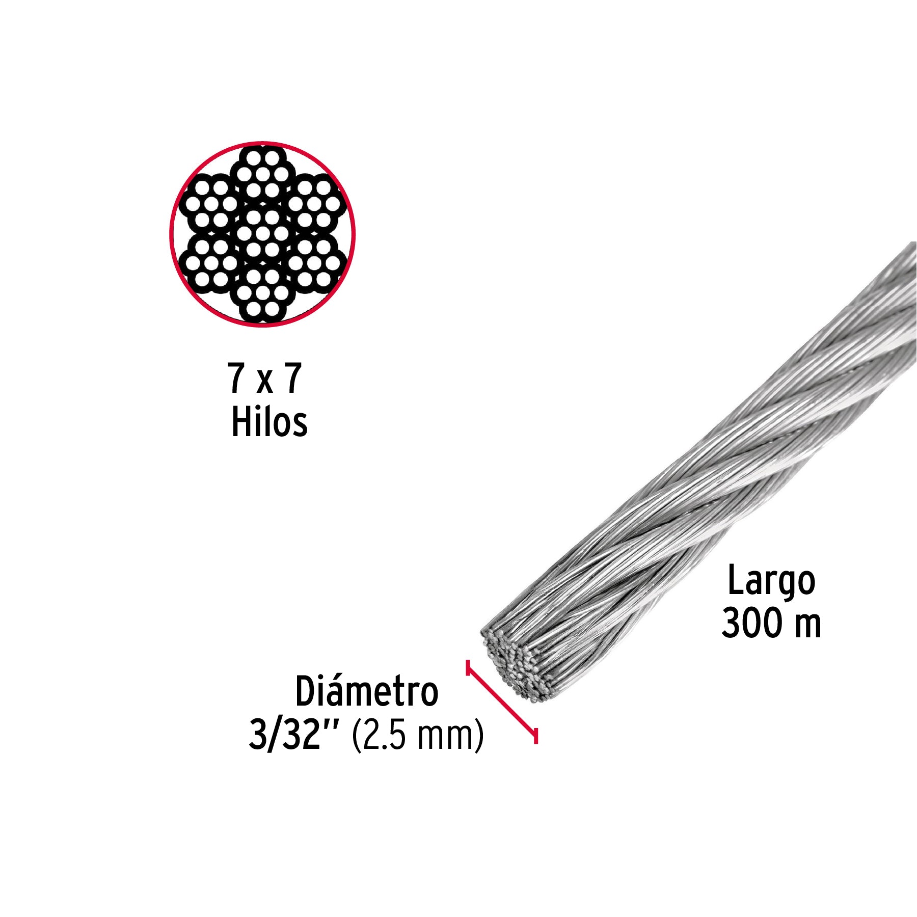 Cable rígido de acero 3/32", 7X7, 300 m