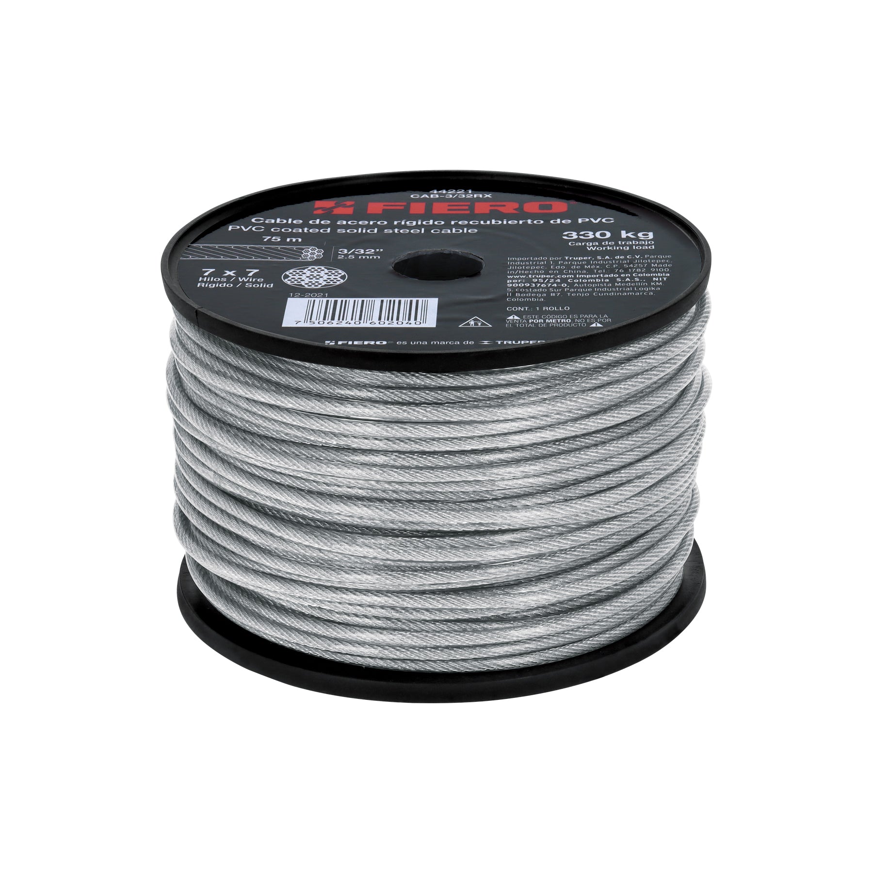 Cable rígido de acero 3/32", recubierto PVC, 7X7, 75 m