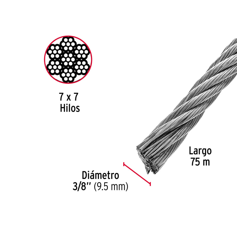 Cable rígido de acero 3/8", 7X7, 75 m