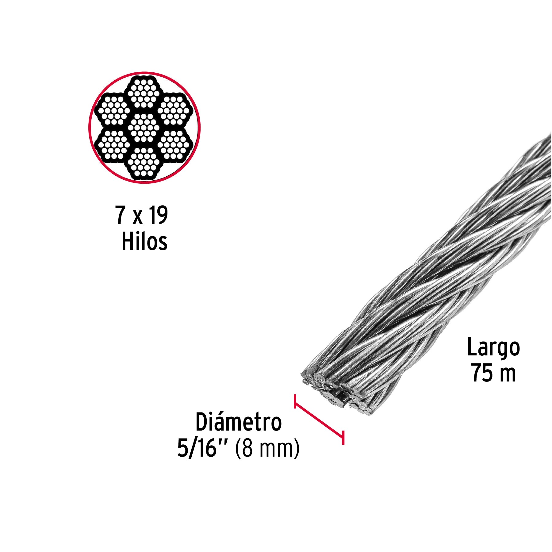 Cable flexible de acero 5/16", 7X19, 75 m