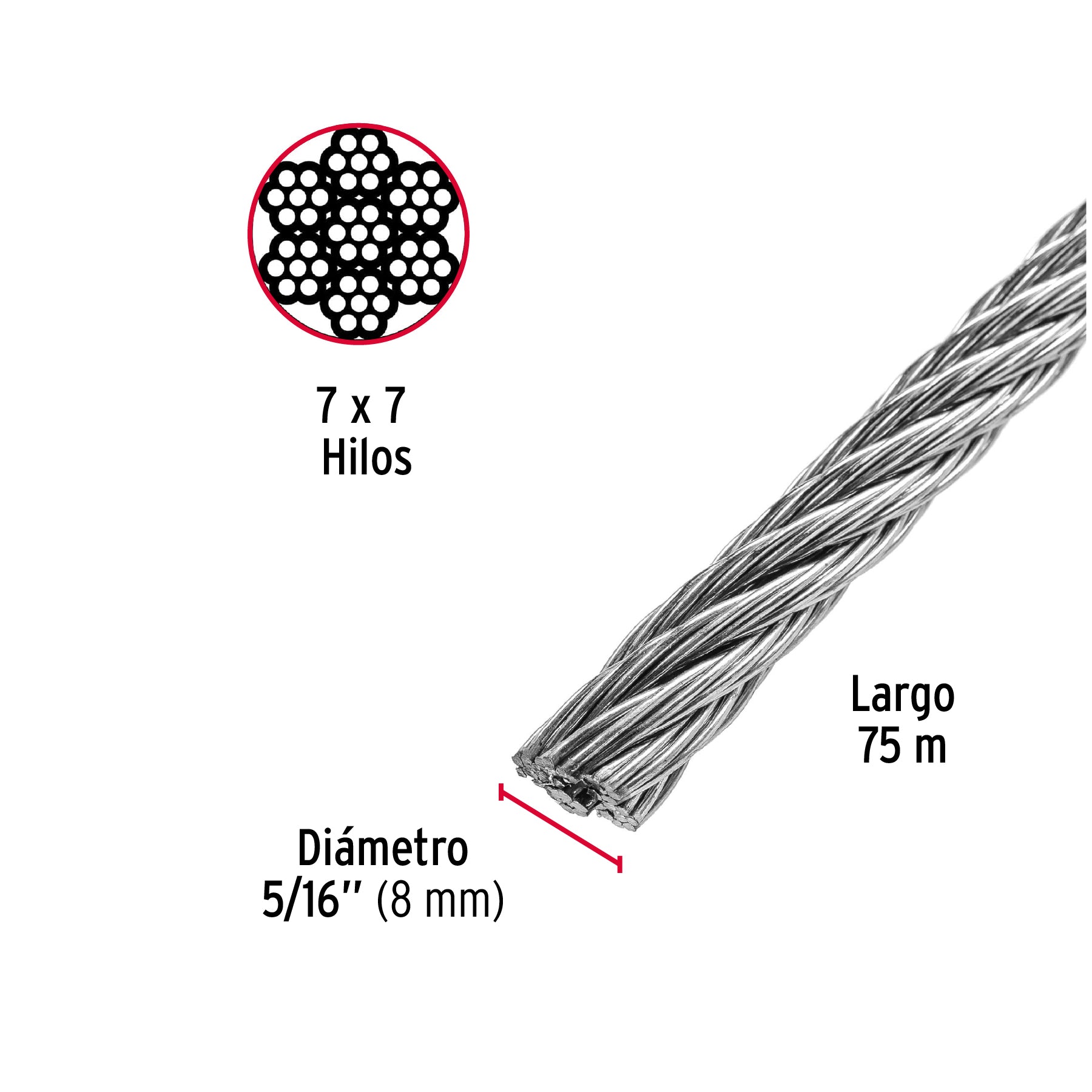 Cable rígido de acero 5/16", 7X7, 75 m